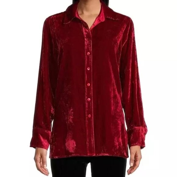 John Mark Velvet Button Front Shirt Women's Size L Red Tunic Holiday - Picture 1 of 11